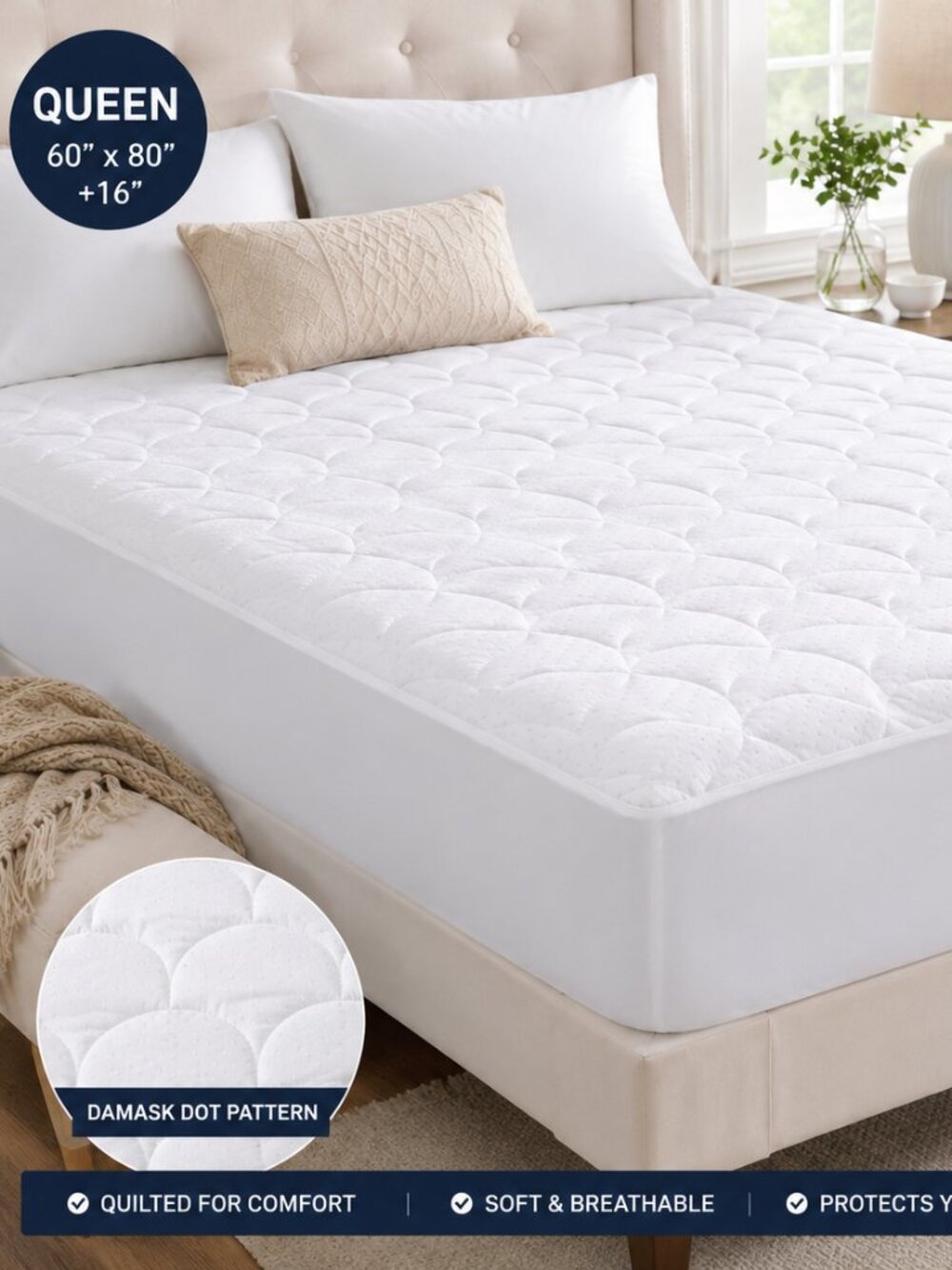 Cotton Damask Dot Dual Action Mattress Pad Queen 60” x 80” White